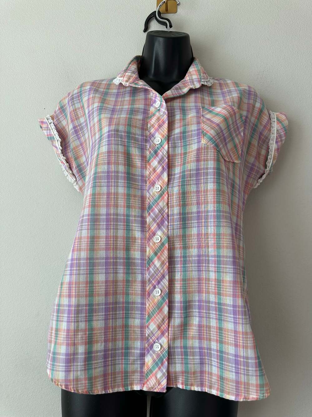 Vintage Wrangler Pastel Plaid Lace Trim Button Up Blouse Cottagecore Western M